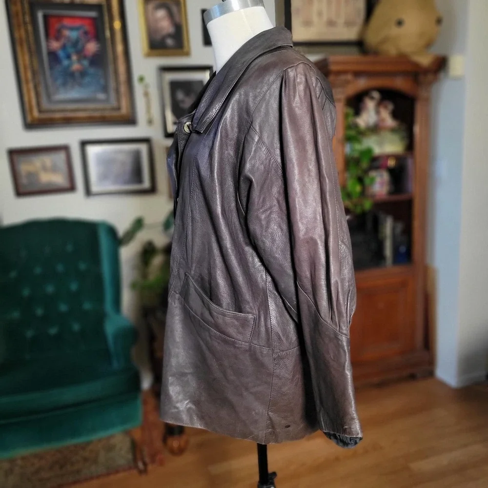 Luigui‎ M Genuine Leather Jacket RARE Vintage 90s Brown Collared Coat Women's